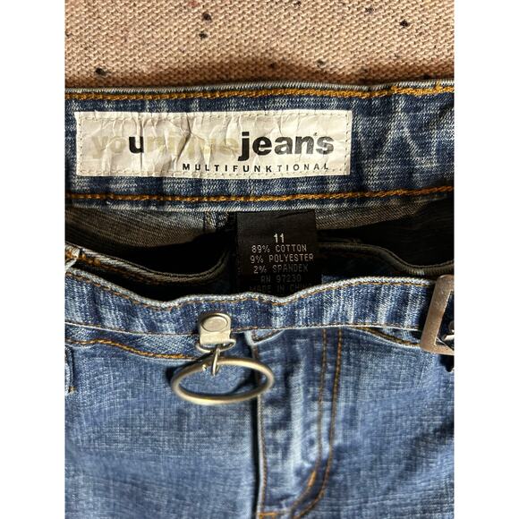 Vintage Y2K Younique Jeans Multifunktional Buckle Strap O-Ring Flare Denim Pants - Picture 2 of 8